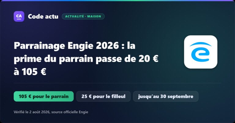 Visuel Meilleur Code Parrainage : parrainage Engie 2026, 105 € pour le parrain, 25 € pour le filleul, offre valable jusqu’au 30 septembre 2026
