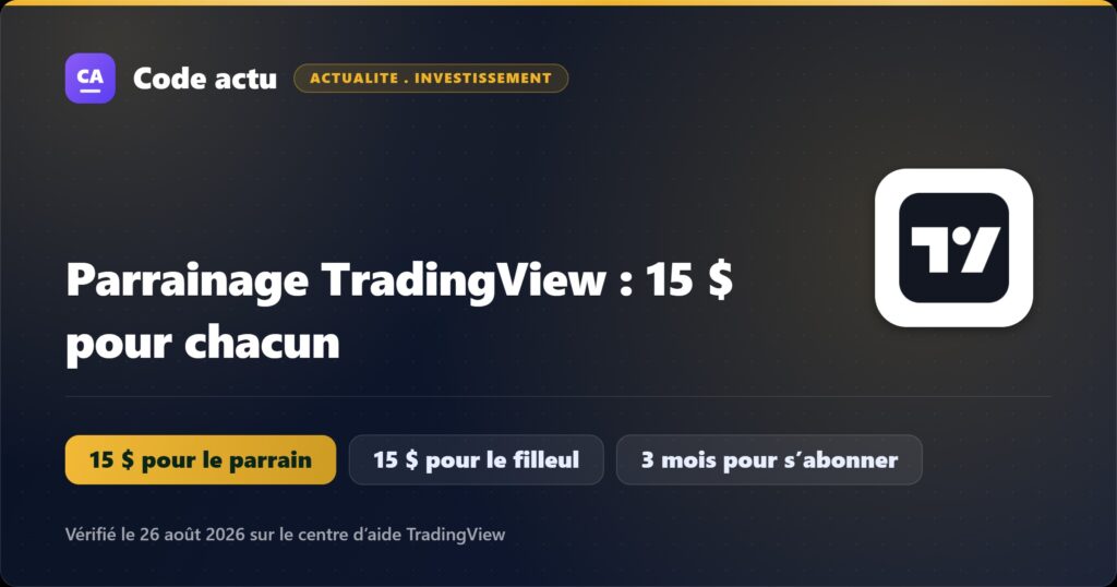 Visuel Meilleur Code Parrainage : le parrainage TradingView rapporte 15 $ de crédit au parrain et 15 $ de réduction à la personne parrainée, à condition qu’elle souscrive un abonnement payant dans les trois mois.