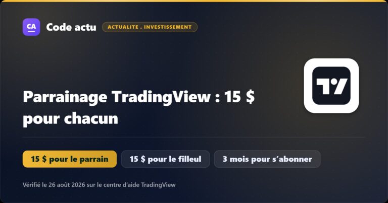 Visuel Meilleur Code Parrainage : le parrainage TradingView rapporte 15 $ de crédit au parrain et 15 $ de réduction à la personne parrainée, à condition qu’elle souscrive un abonnement payant dans les trois mois.