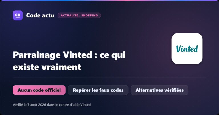 Visuel Meilleur Code Parrainage : logo Vinted et rappel qu’aucun code de parrainage officiel Vinted n’existe en 2026, avec les faux codes à repérer et les alternatives vérifiées.