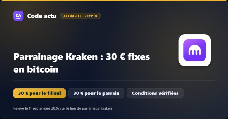 Parrainage Kraken 2026 : 30 € fixes en bitcoin pour le filleul et pour le parrain, logo Kraken sur visuel Meilleur Code Parrainage