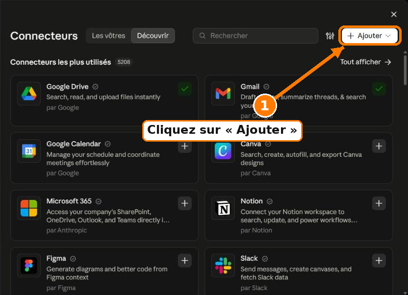 Étape 1 : dans les paramètres de Claude, rubrique Connecteurs, cliquer sur le bouton Ajouter