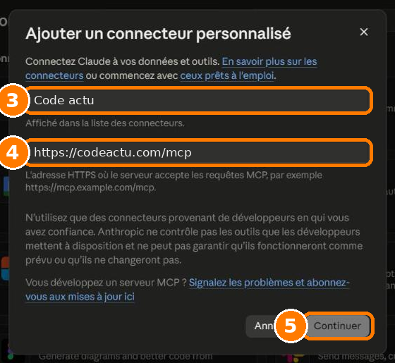 Étapes 3 à 5 : saisir le nom Meilleur Code Parrainage, l’adresse https://meilleurcodeparrainage.com/mcp, puis cliquer sur Continuer