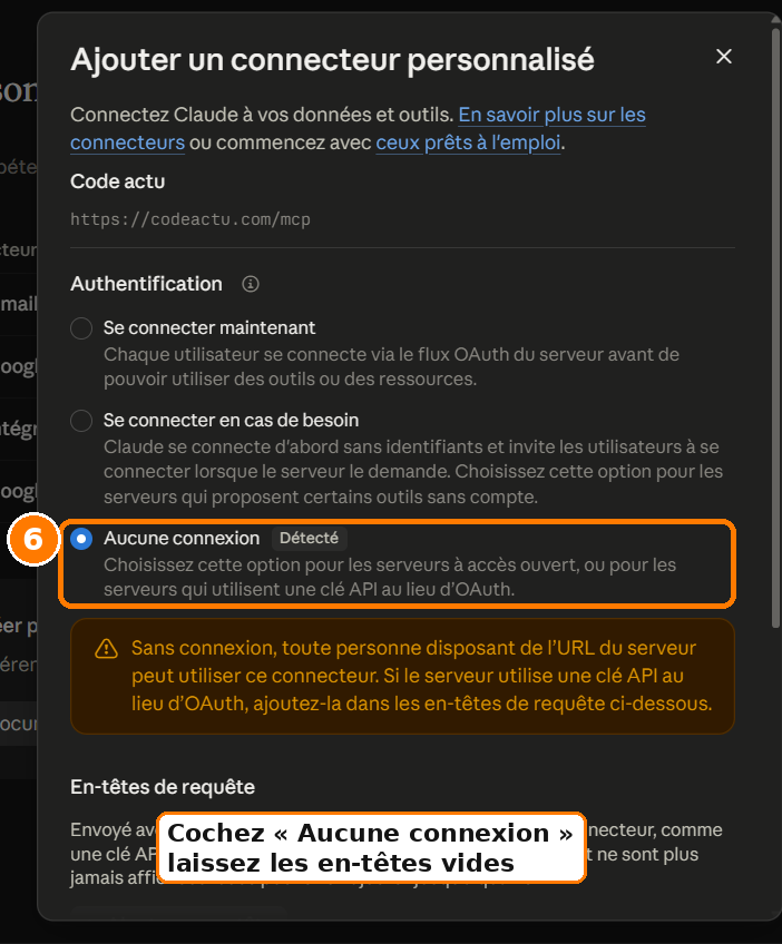 Étape 6 : dans la fenêtre suivante, cocher Aucune connexion et laisser les en-têtes de requête vides, puis valider