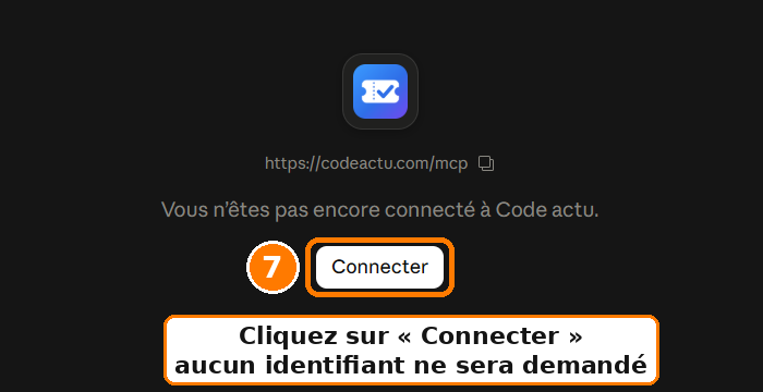 Étape 7 : sur la page du connecteur Meilleur Code Parrainage, cliquer sur Connecter, aucun identifiant n’est demandé