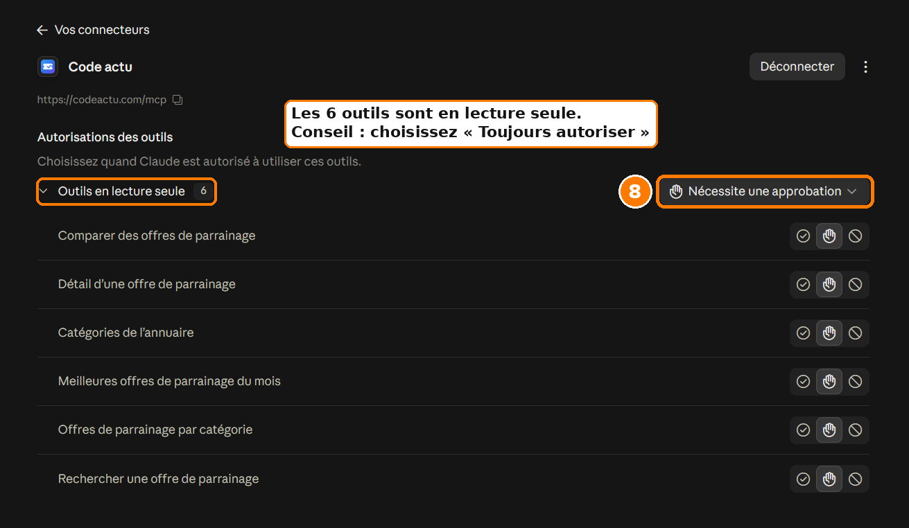 Étape 8 : dans Autorisations des outils, choisir Toujours autoriser pour les 6 outils en lecture seule de Meilleur Code Parrainage