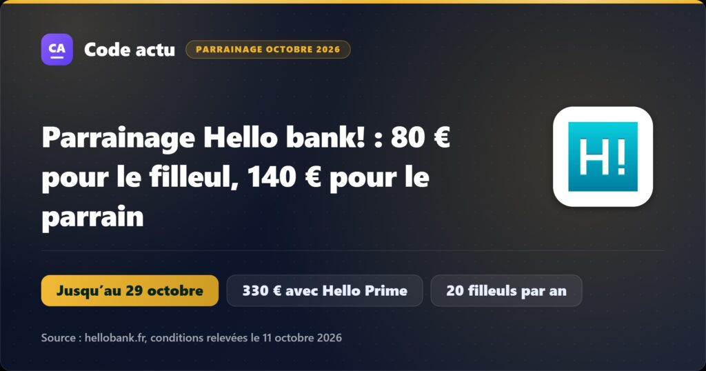 Parrainage Hello bank! en octobre 2026 : 80 € pour le filleul, 140 € pour le parrain, jusqu’à 330 € avec Hello Prime, invitation à utiliser avant le 29 octobre à 15 h